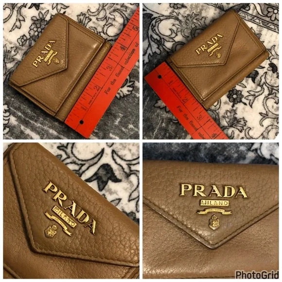 Prada AUTHENTIC Tan Leather Orange Interior Trifold Gold Logo Compact Wallet - Picture 4 of 16